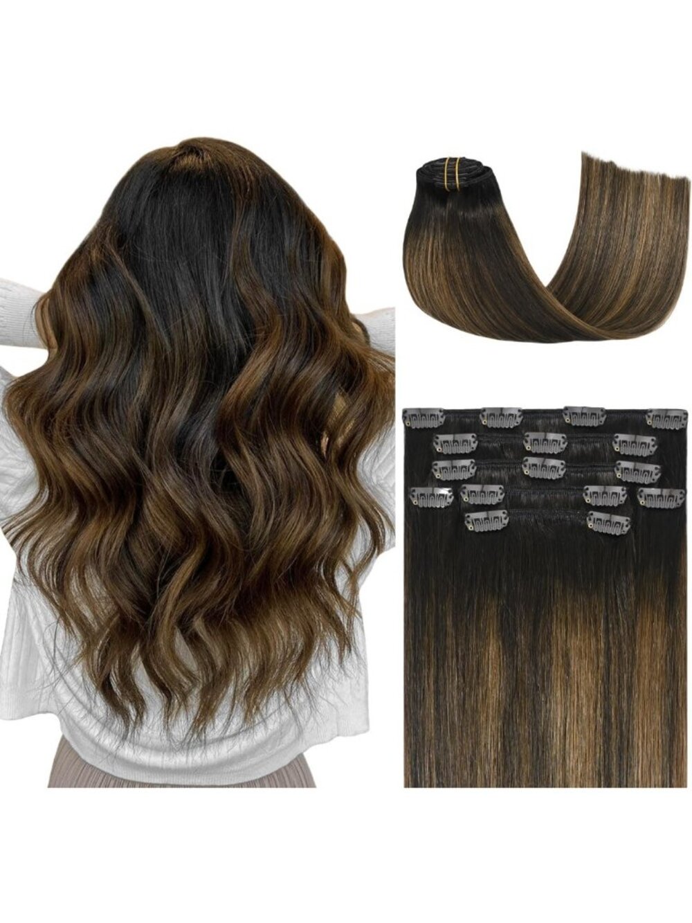 Silky Straight Clip-In Human Hair Extensions 15in Dark to Chestnut Brown 7pcs